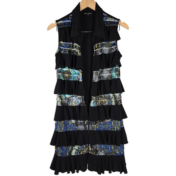 Samuel Dong Tier Ruffle Front Sleeveless Multi Color Pattern Black Tunic Dress M - Picture 3 of 8